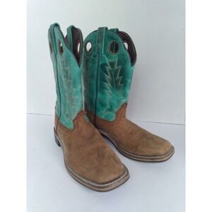 Cowboy Western Boots Square Toe Turquoise Brown Leather Work Boots‎